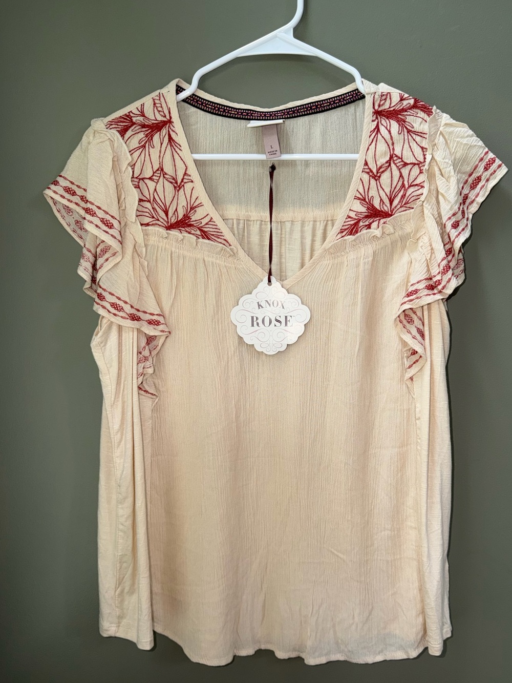 Knox Rose Cream Blouse with Dark Red Embroidery and Ruffled Sleeves sz L New